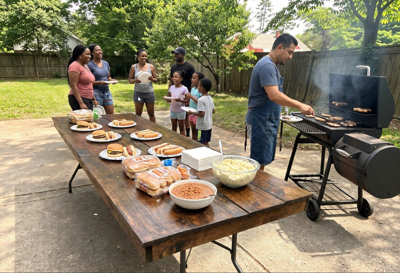 Family having a barbecue using a wooden table.