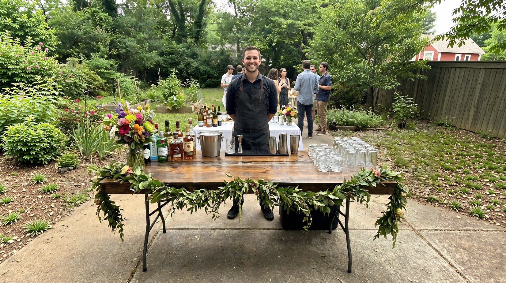 A bartender standing behind a wooden top table at a backyard party.