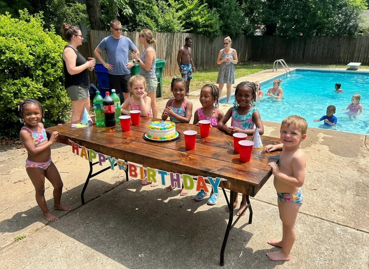 A children's party outside, near a pool, using a wooden top table.
