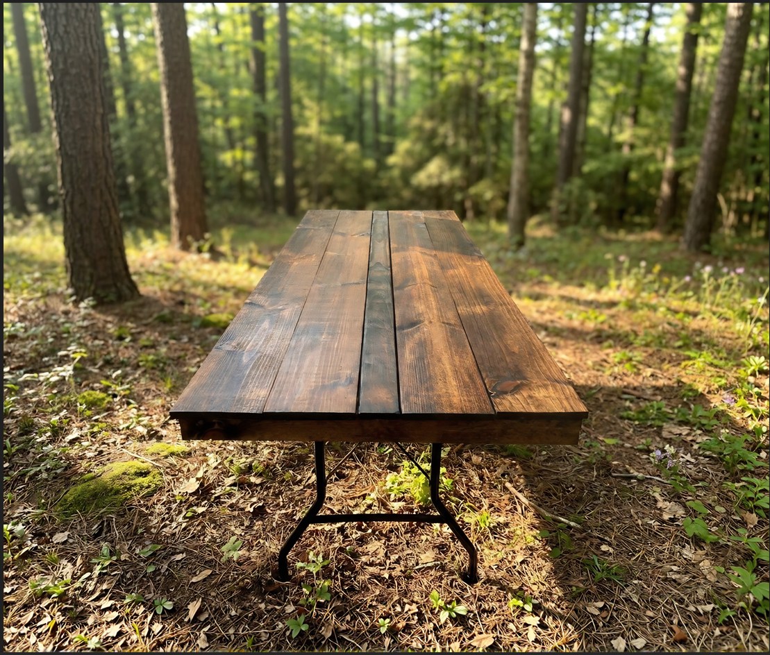 A lengthwise view of the wood top table, sitting bare in the woods.