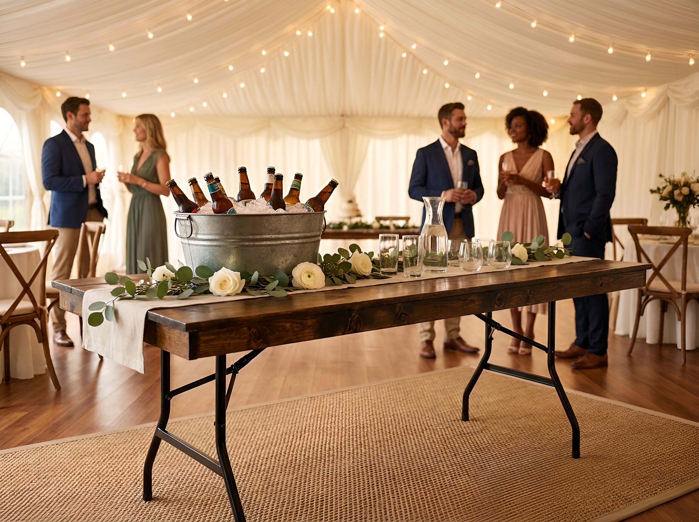 A wedding party with food and beverages on a wood top table.