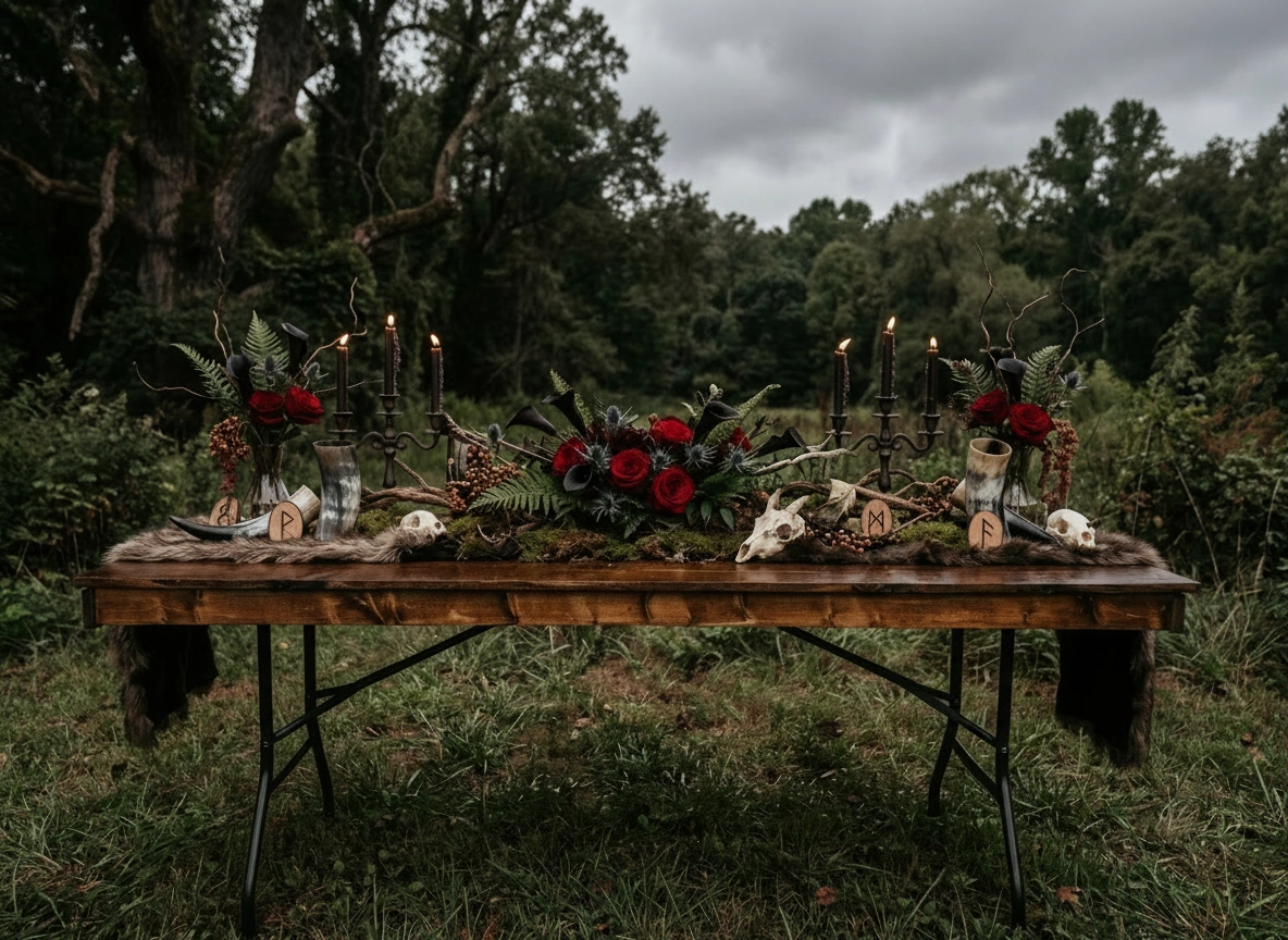 A dark nature image of a wood top table at a traditional Viking wedding party.