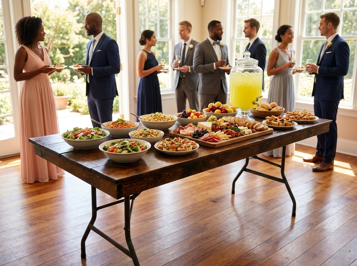 A long view of a wood top table at an indoor formal event.