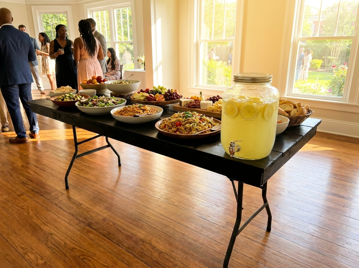 A formal event with food and beverages on a wood top table.
